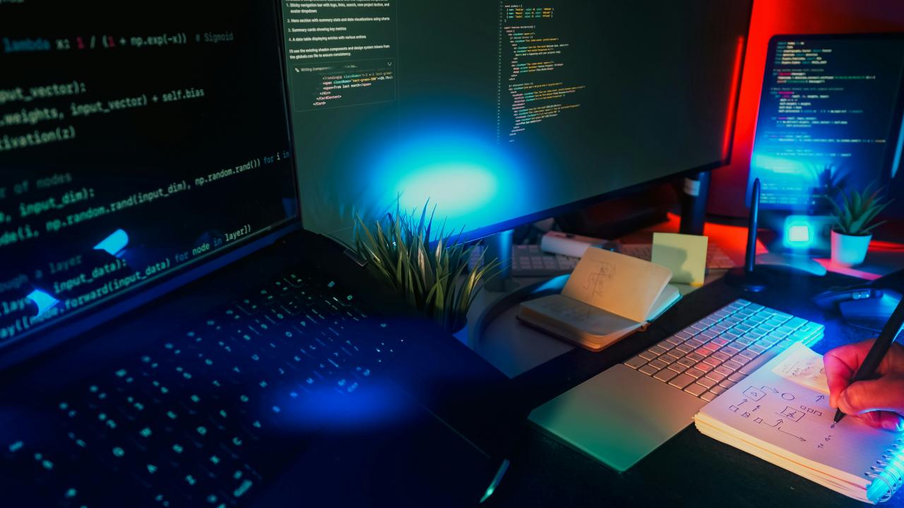 Layar komputer menampilkan kode dengan pencahayaan neon.