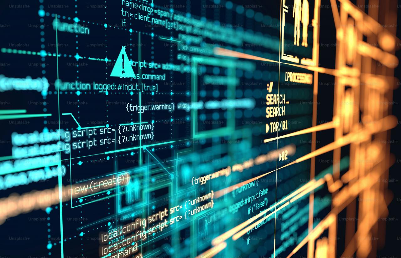 Kode pemrograman futuristik dan koneksi data besar dan pola jaringan. Ilustrasi 3D.
